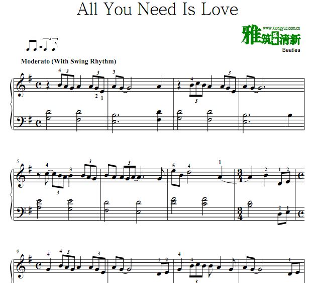 Beatles披头士 All You Need Is Love 带指法钢琴谱