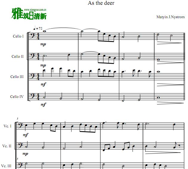 As The Deer 大提琴四重奏谱
