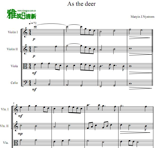 As The Deer 如鹿渴慕溪水弦乐四重奏谱