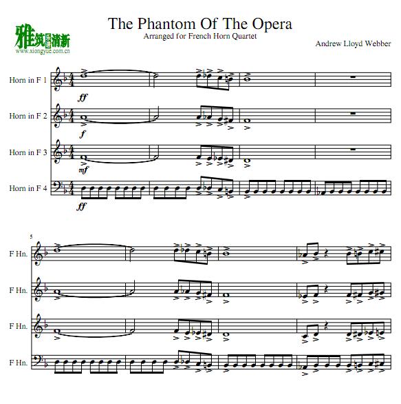 The Phantom of the Opera 圆号四重奏谱