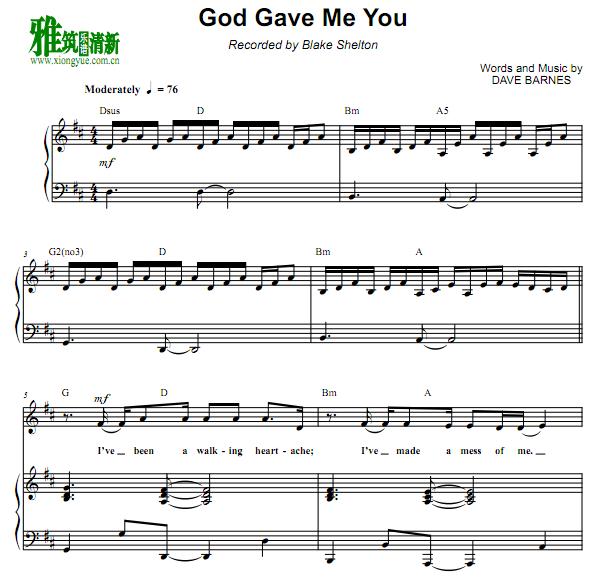 Blake Shelton - God Gave Me You钢琴伴奏谱