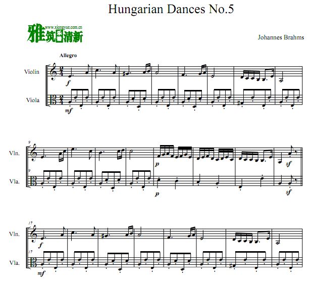 勃拉姆斯 匈牙利舞曲第五号 小提中提 弦乐二重奏谱