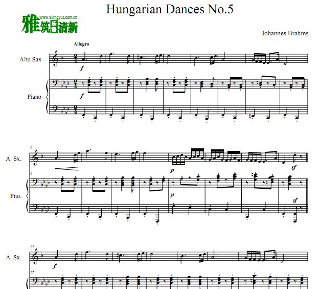 勃拉姆斯 匈牙利舞曲第5号中音萨克斯钢琴谱
