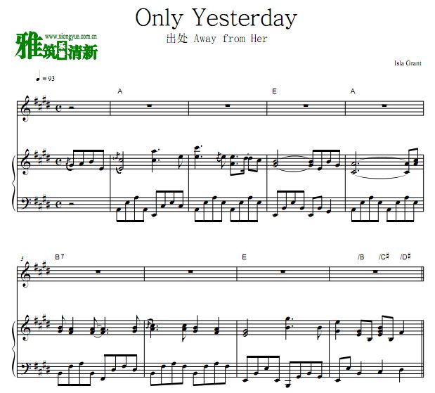 Away from Her插曲 - Only Yesterday歌谱 正谱