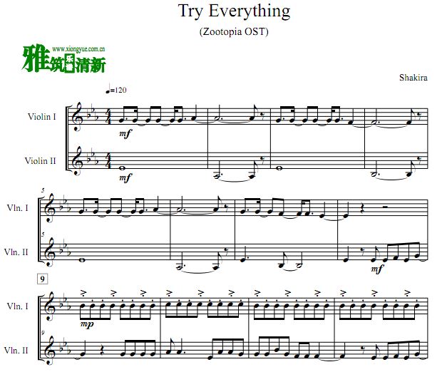疯狂动物城 Try Everything 降E调小提琴二重奏谱