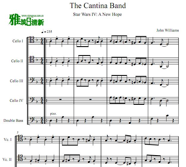 星球大战4 The Cantina Band 大提低音提琴 弦乐五重奏谱