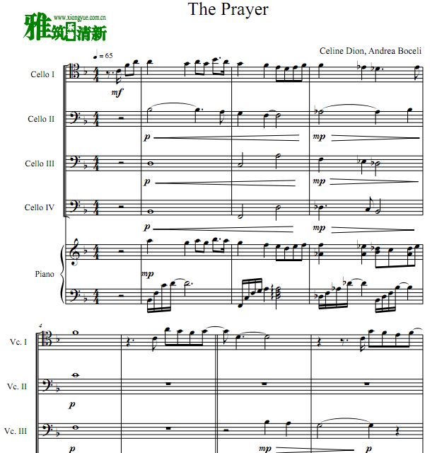 The Prayer大提琴钢琴五重奏谱