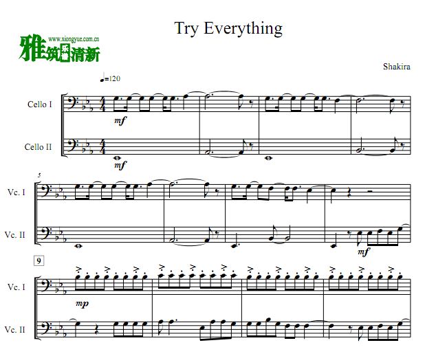Try Everything 降E调大提琴二重奏谱