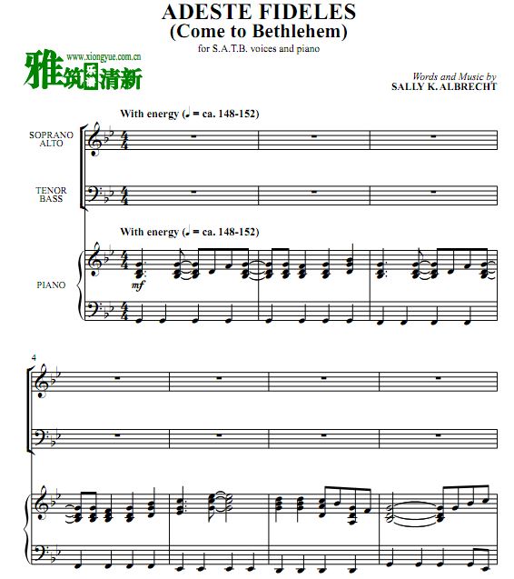 Adeste Fideles 四声部合唱钢琴伴奏谱