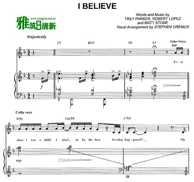 音乐剧The Book of Mormon - I believe钢琴伴奏声乐谱