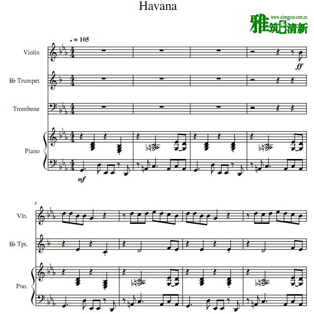 Havana 小提琴小号长号钢琴四重奏谱