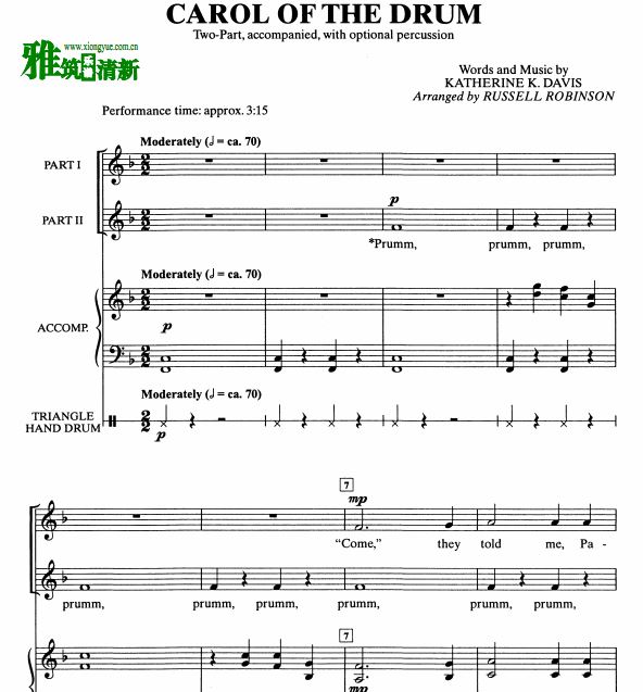 Carol of the Drum 钢伴二声部合唱谱