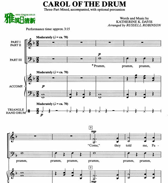 Carol of the Drum 三声部合唱钢琴伴奏谱