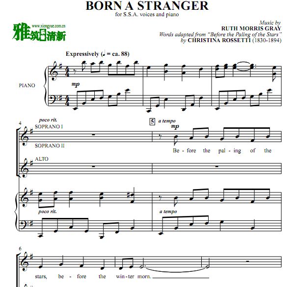 生而陌路 Born a Stranger三声部合唱钢琴伴奏谱