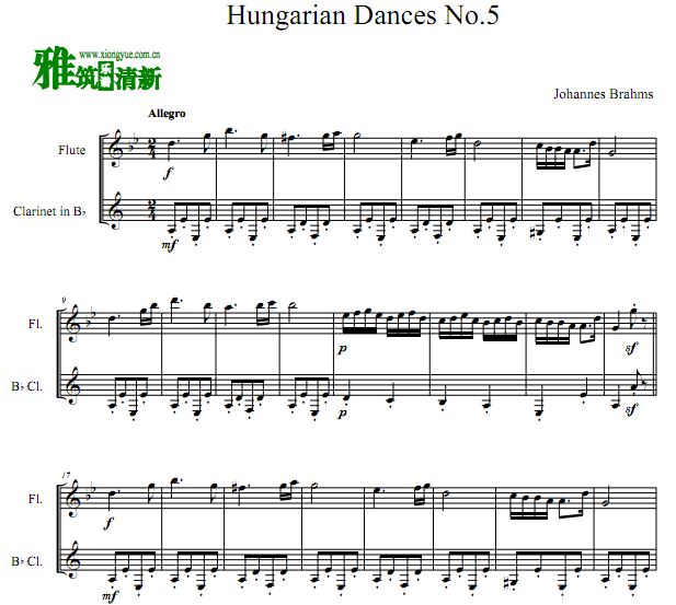 勃拉姆斯 匈牙利舞曲第五号 长笛单簧管合奏谱