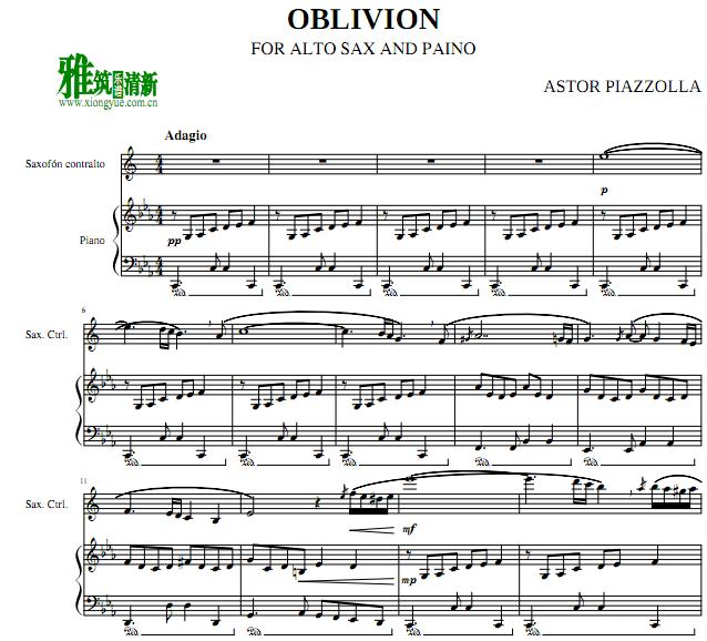 皮亚佐拉 oblivion遗忘萨克斯钢琴伴奏谱