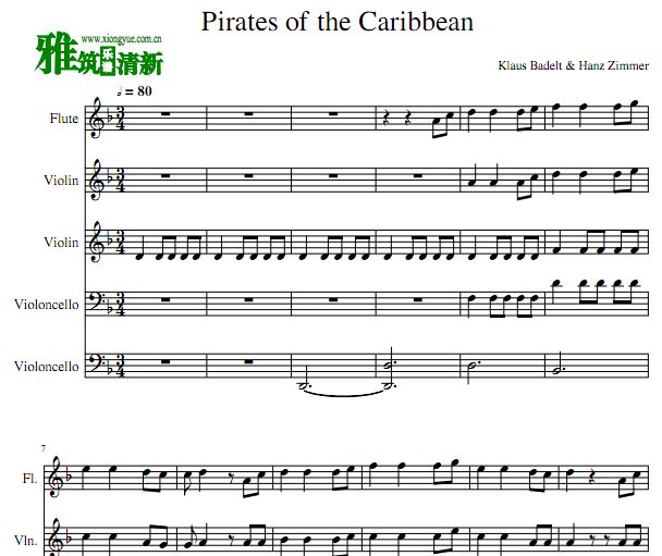加勒比海盗 Pirates of the Caribbean长笛小提大提五重奏谱