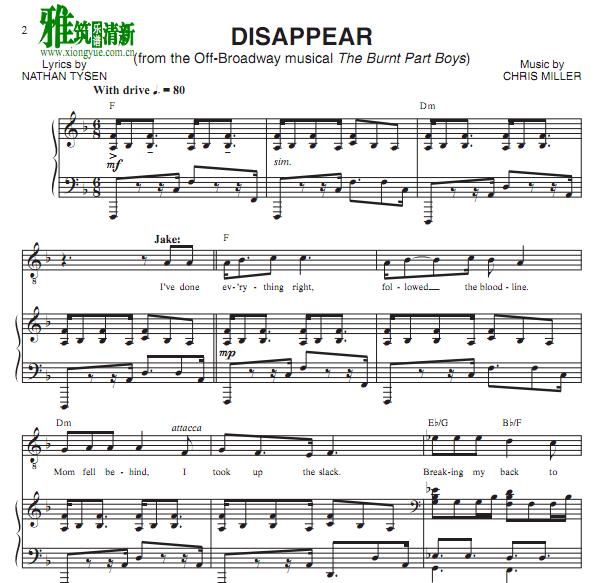 百老汇The Burnt Part Boys - Disappear正谱 钢琴伴奏谱