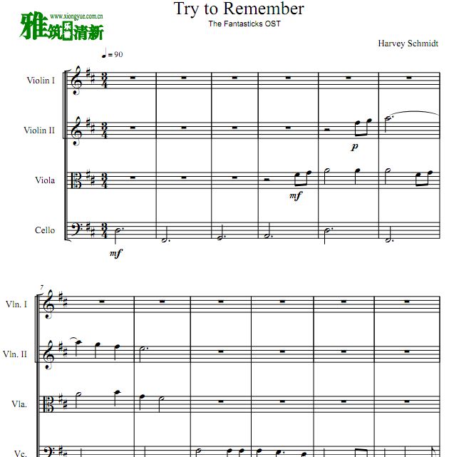 梦幻爱程 The Fantasticks OST - Try to Remember 弦乐四重奏谱
