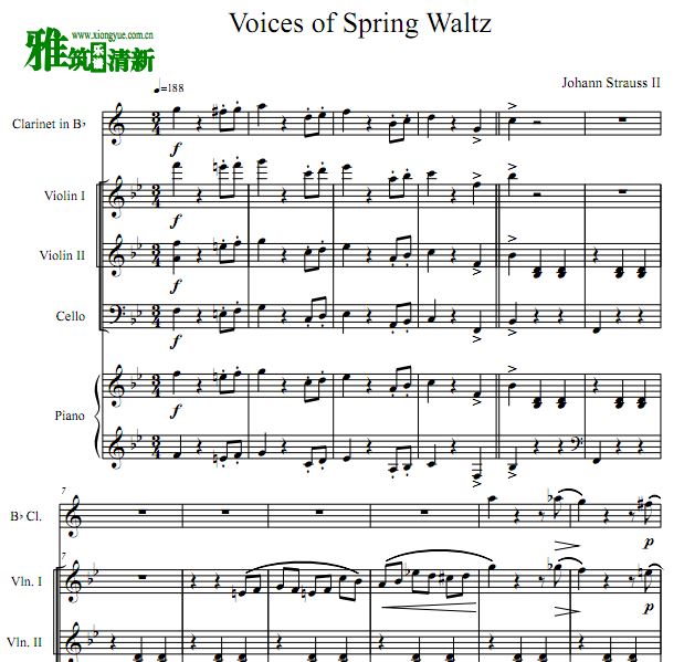 春之声圆舞曲 单簧管二小提大提钢琴五重奏谱