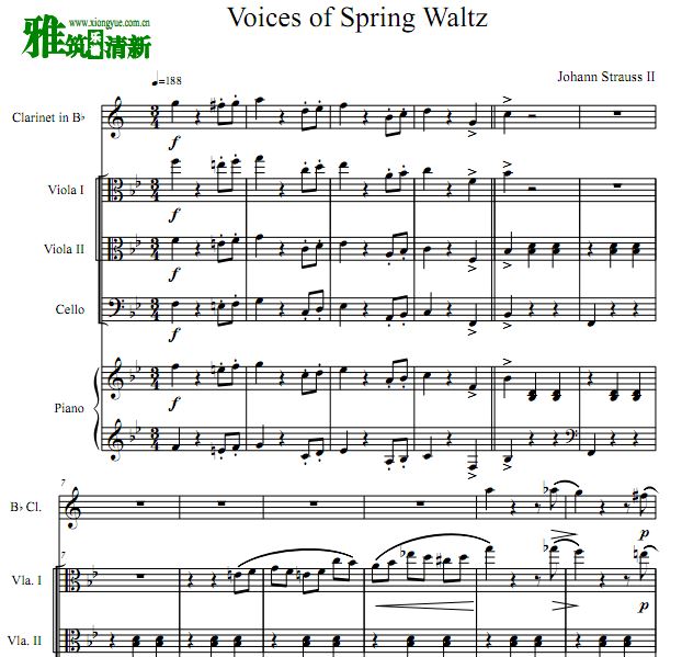 春之声圆舞曲 单簧管弦乐钢琴五重奏谱
