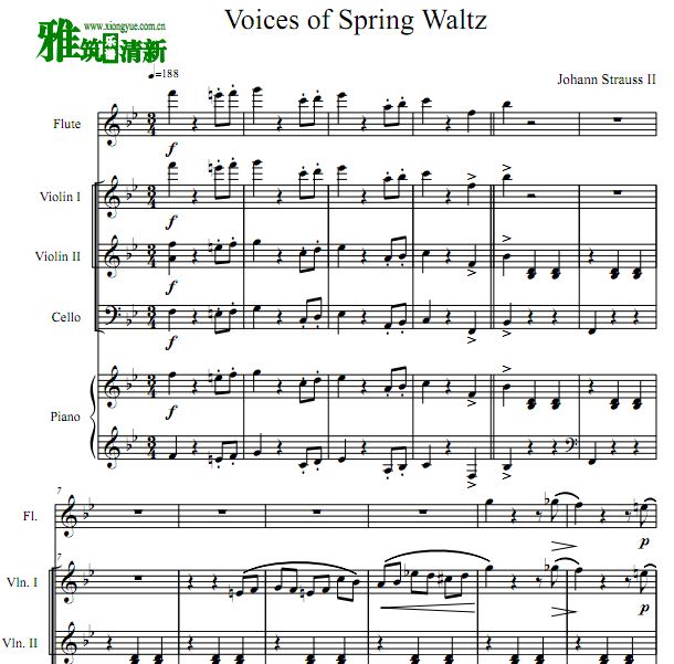 春之声圆舞曲长笛弦乐钢琴五重奏谱