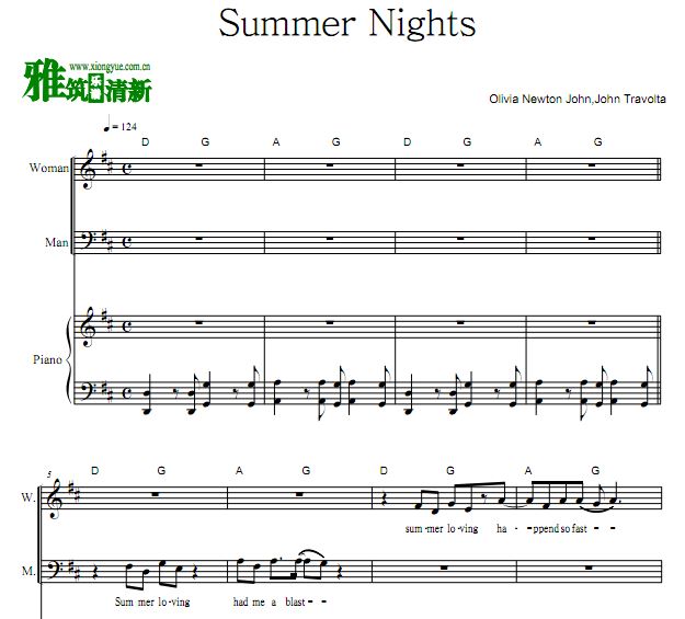 Summer Nights歌谱 弹唱钢琴谱