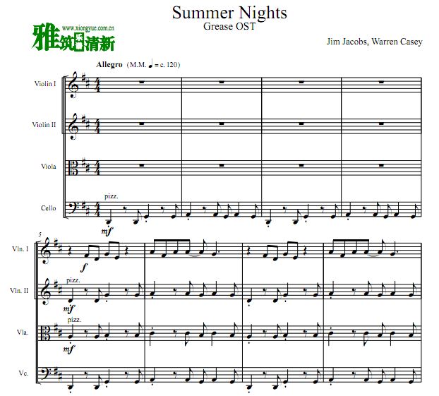 油脂 Summer Nights 双小提中提大提合奏谱