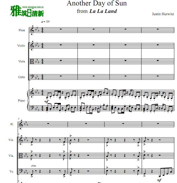 Another Day Of Sun 长笛小提中提大提钢琴五重奏谱