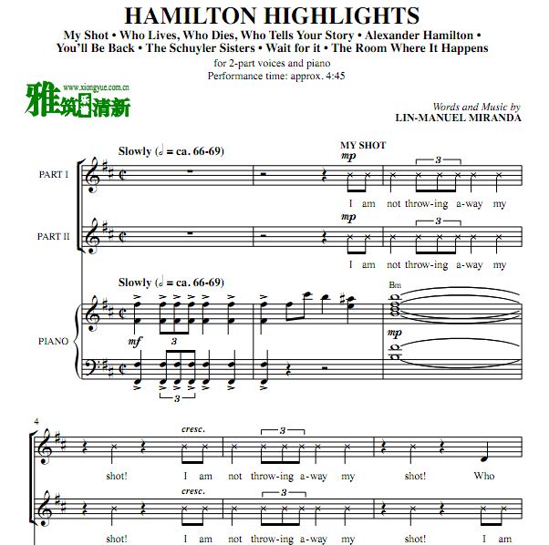 Hamilton Highlights 汉密尔顿串烧二声部合唱谱 钢琴伴奏谱