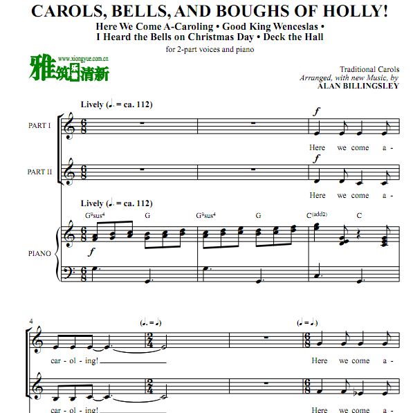 Carols, Bells, and Boughs of Holly! 四首圣诞歌曲串烧 二声部合唱谱