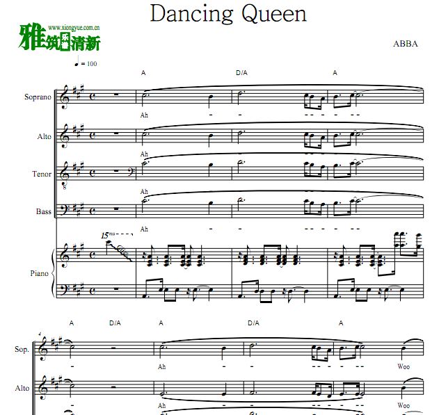 妈妈咪呀 Dancing Queen 四声部合唱钢琴伴奏谱