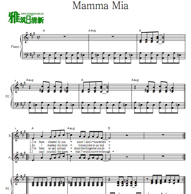 MAMMA MIA 妈妈咪呀女声二声部合唱谱 钢伴谱
