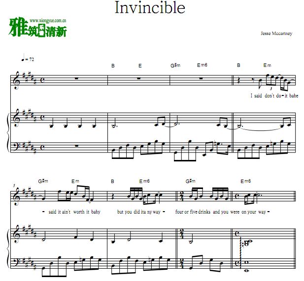 Jesse McCartney - Invincible 歌谱 正谱 钢琴谱