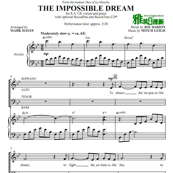 The Impossible Dream 四声部合唱谱