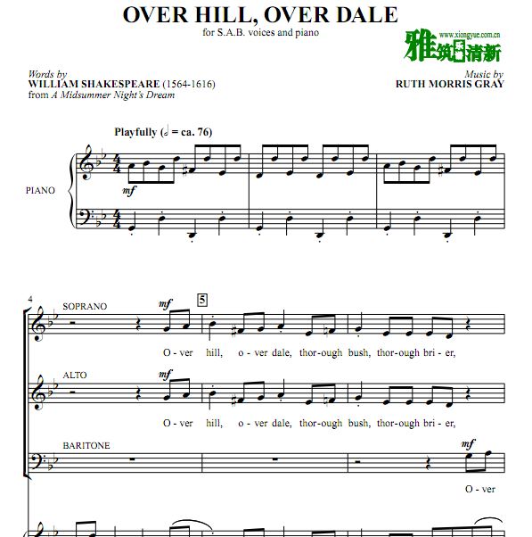 Over Hill, Over Dale 钢琴伴奏三部合唱谱