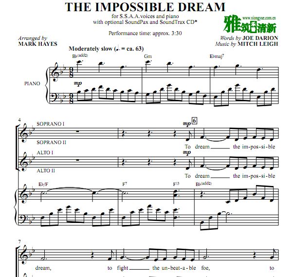 The Impossible Dream四声部女声合唱谱 钢琴伴奏谱