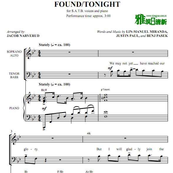  Found / Tonight 四声部合唱谱