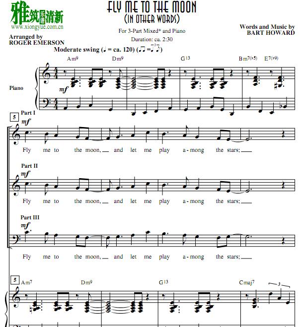 fly me to the moon 三声部合唱钢琴伴奏谱