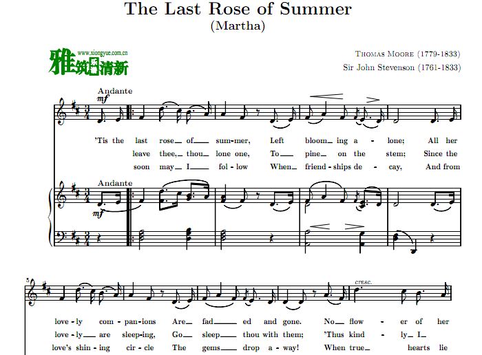 The Last Rose of Summer 夏日最后的玫瑰声乐正谱 钢琴谱