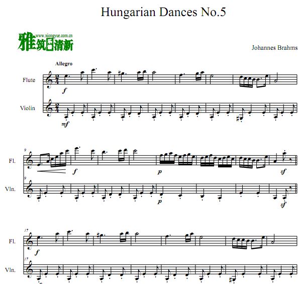 勃拉姆斯 匈牙利舞曲第五号长笛小提琴二重奏谱