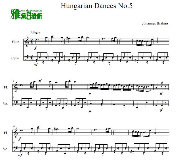 匈牙利舞曲第五号长笛大提琴合奏谱