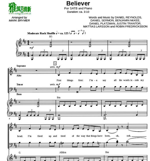 Imagine Dragons - Believer四声部合唱钢琴伴奏谱