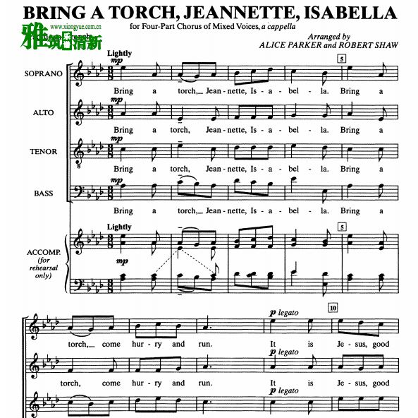 Bring a Torch, Jeanette, Isabella四声部合唱钢琴伴奏谱