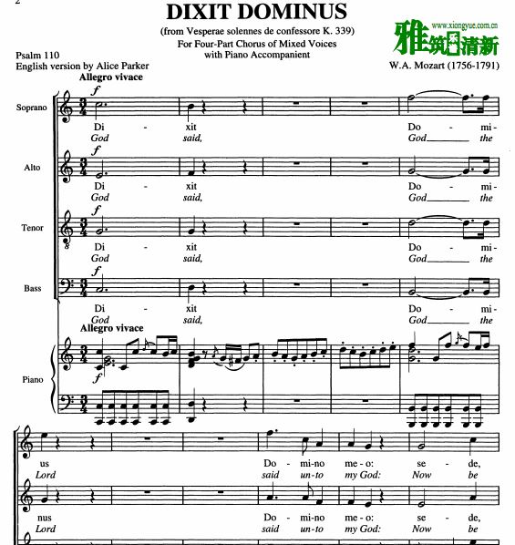 莫扎特 Dixit Dominus钢琴伴奏四声部合唱谱