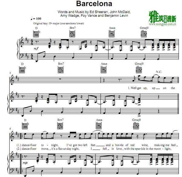 Ed Sheeran - Barcelona正谱 钢琴伴奏谱