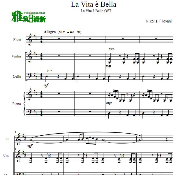 La Vita è Bella 美丽人生小提大提长笛钢琴四重奏谱