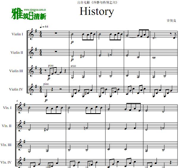 冷静与热情之间插曲 吉俣良  History 小提琴四重奏谱