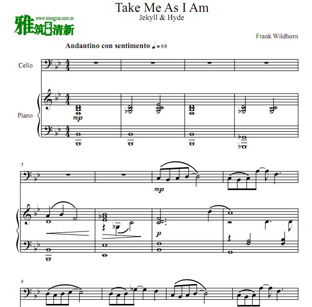 变身怪医 Take Me As I Am 大提琴钢琴合奏谱