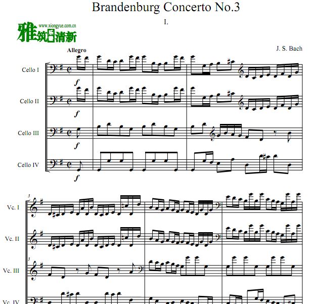 巴赫 G大调第三号勃兰登堡协奏曲 BWV 1048 大提琴四重奏谱
